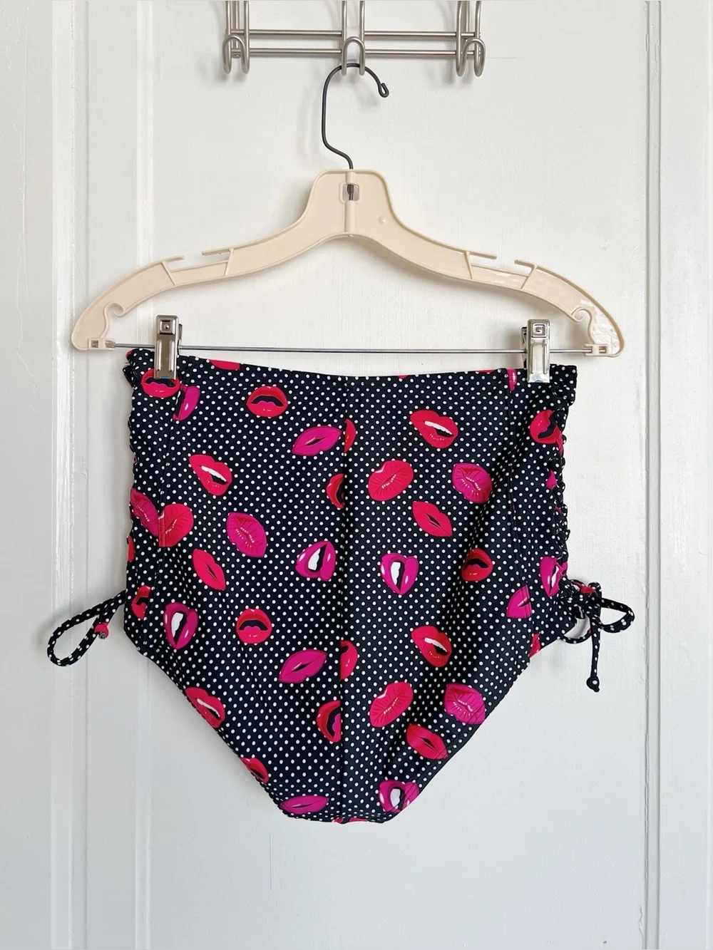 Unique Vintage • bikini swimsuit black polkadot lip print high waisted two piece